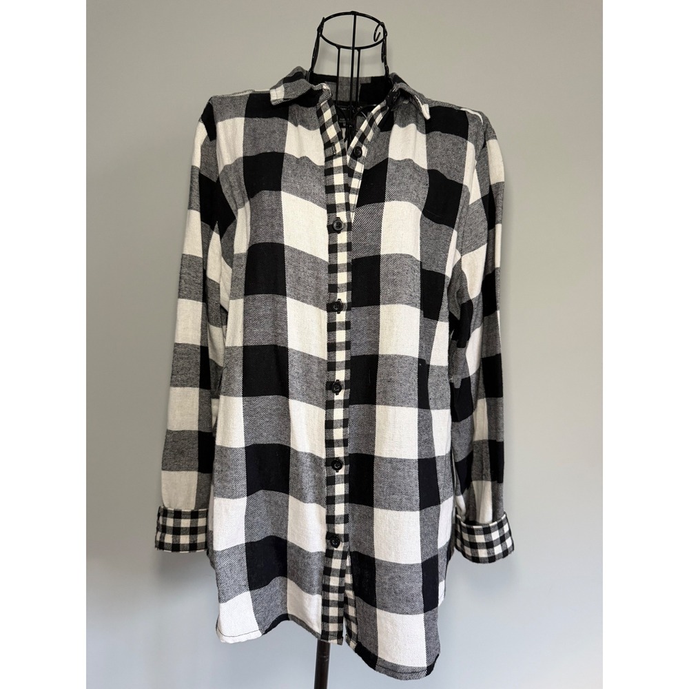 Charlie Paige Womens Black White Buffalo Plaid Cotton Button Down Shirt Size M